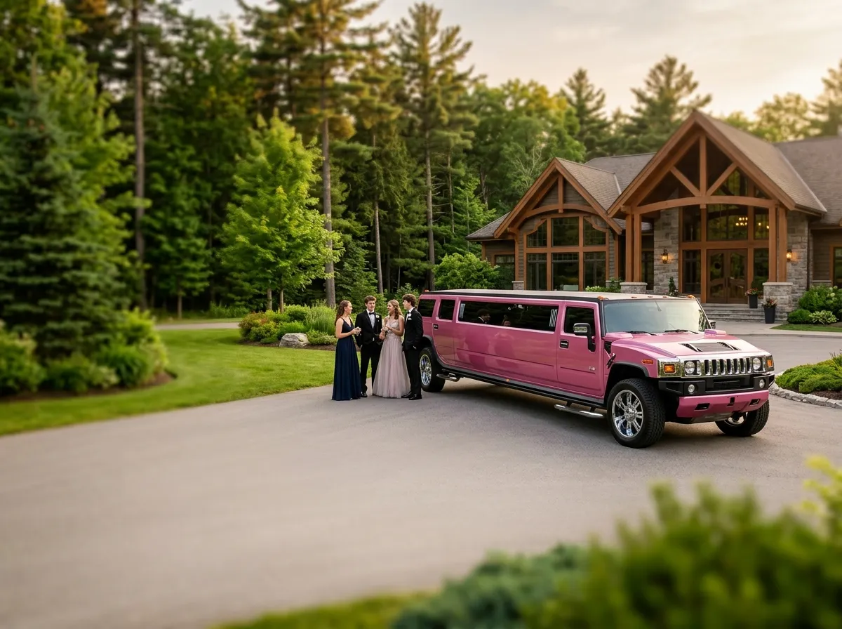 Pink Hummer limousine for prom and graduation transportation in Muskoka, Ontario, offering stylish and comfortable luxury limo service.