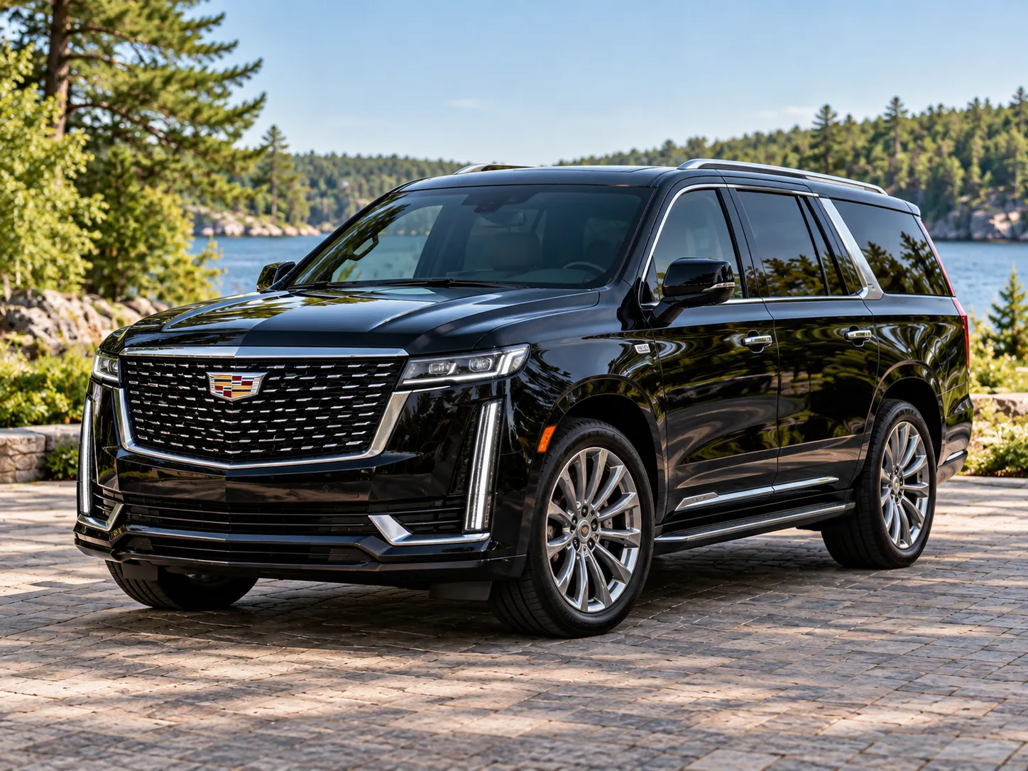 Black Cadillac Escalade luxury SUV with chauffeur service for executive and private transportation in Muskoka