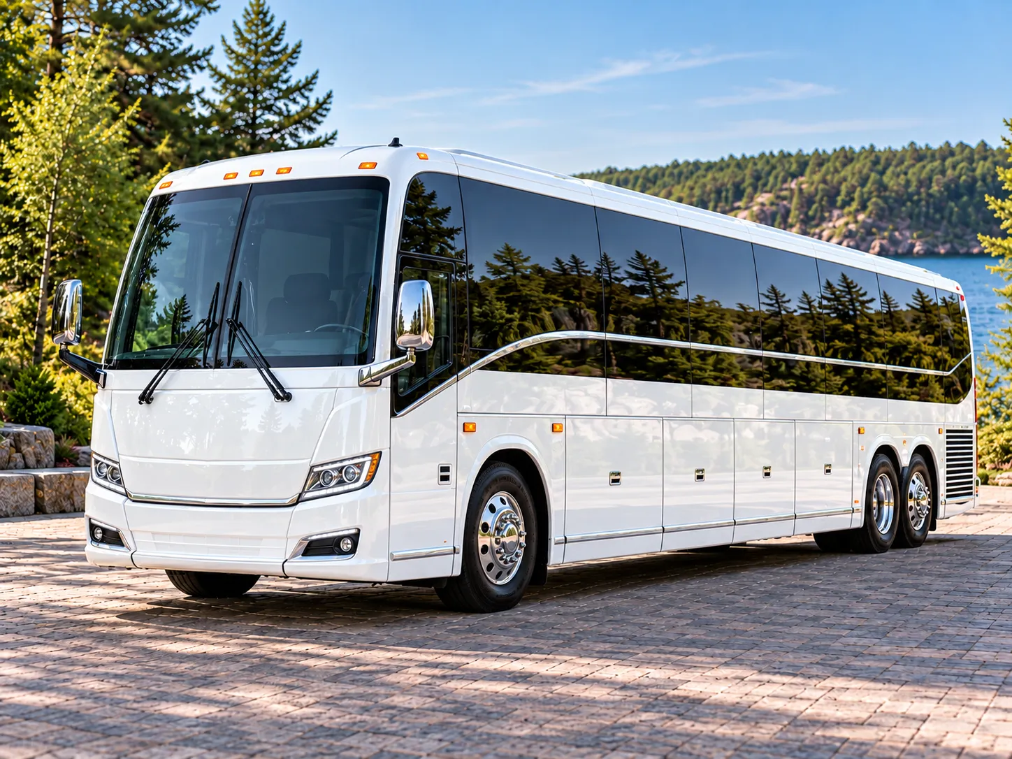 White luxury coach bus providing comfortable group transportation, tours, weddings, and corporate travel in Muskoka