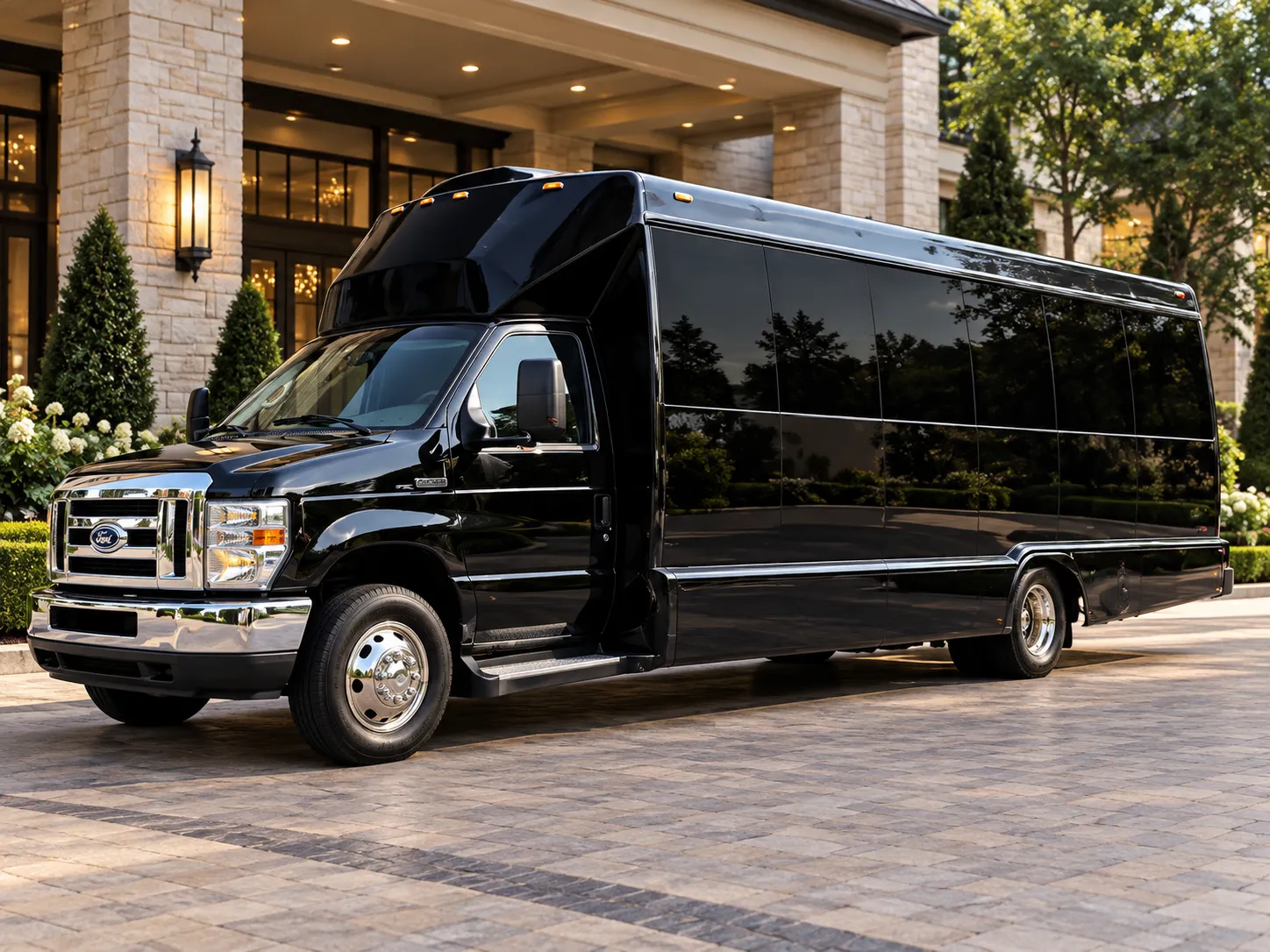 Black party limo bus with luxury transportation features for celebrations, nightlife, weddings, and group events in Muskoka