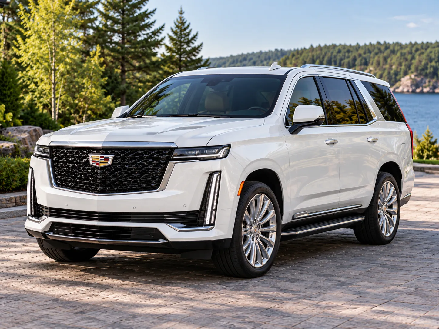 White Cadillac Escalade luxury SUV limousine vehicle for weddings, VIP transportation, and events in Muskoka
