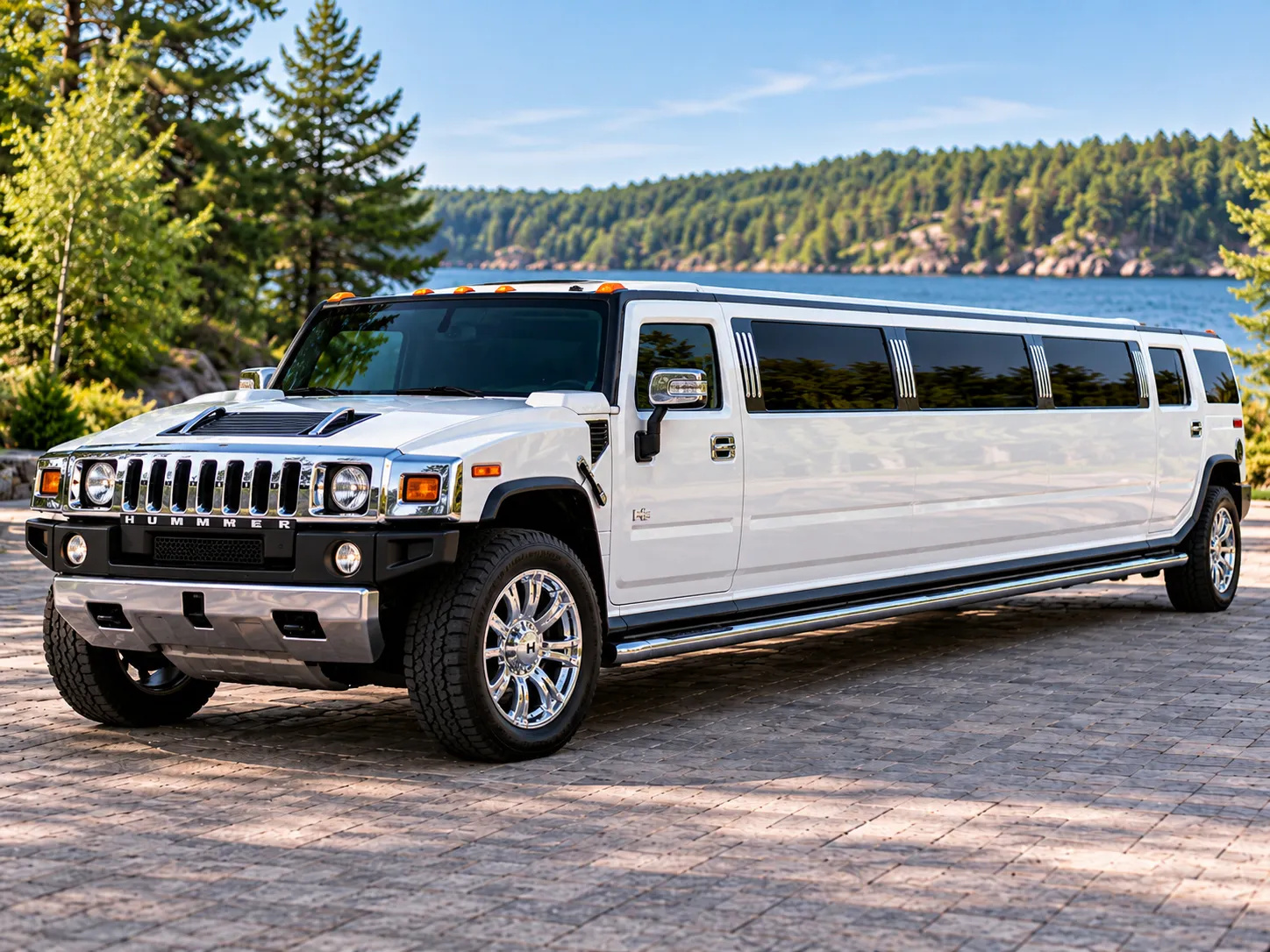 White Hummer stretch limousine offering luxury group transportation and celebration rides in Muskoka