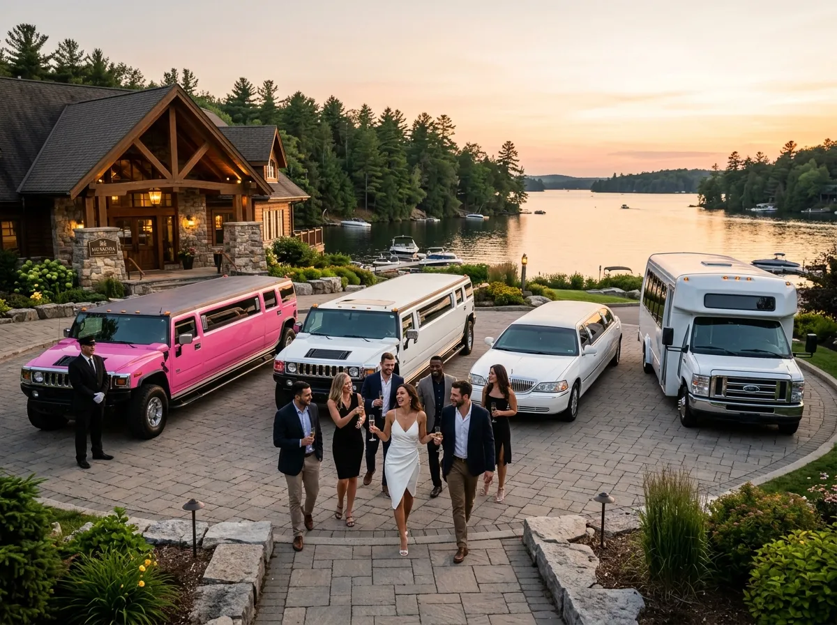 Pink and white Hummer stretch limousines, Lincoln stretch limo, and Ford party bus for bachelor and bachelorette parties in Muskoka.