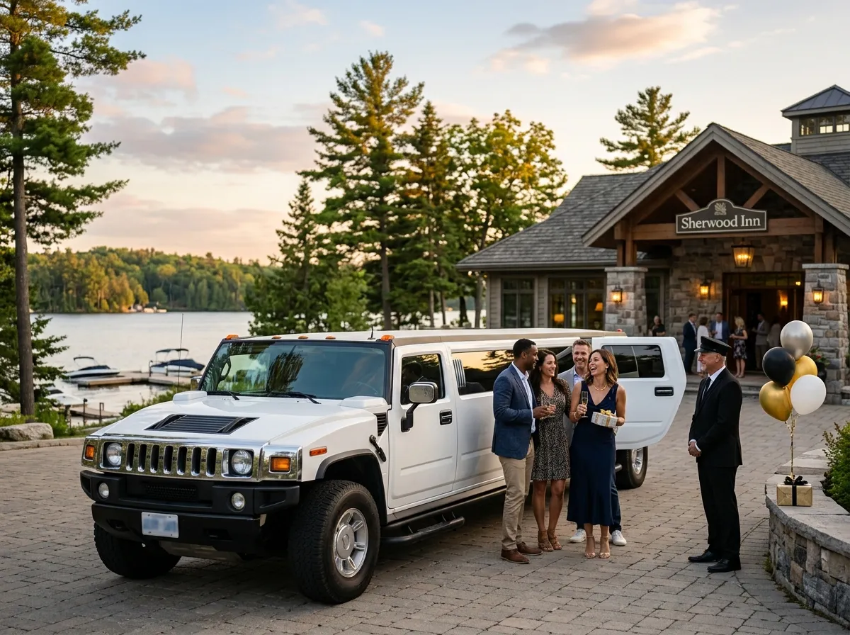 White Hummer stretch limousine with guests and chauffeur at a Muskoka lakeside venue for a birthday celebration.