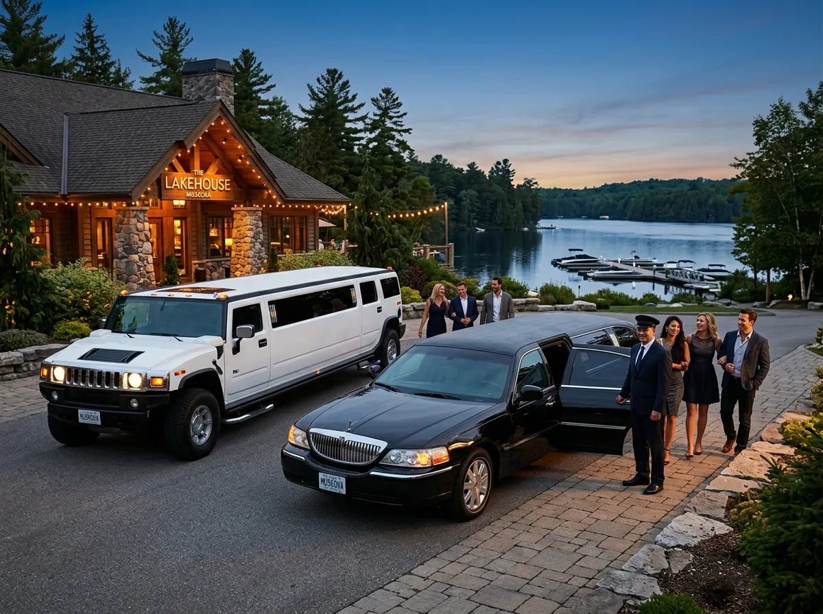 White Hummer stretch limousine and black Lincoln limousine with chauffeur and guests outside a Muskoka lakeside venue at night.