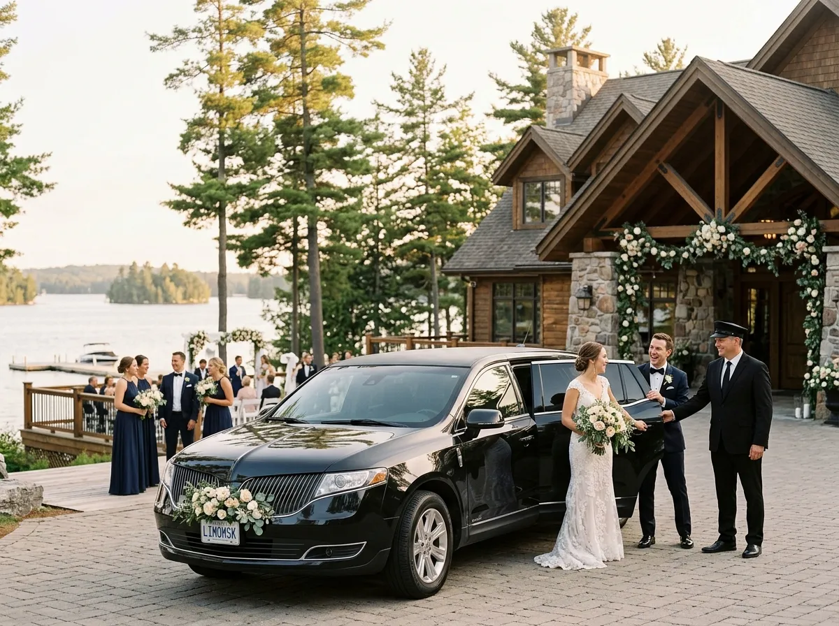 Bride, groom, and professional chauffeur beside a luxury limousine at a lakeside Muskoka wedding venue.